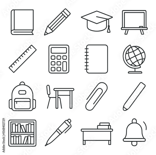 Education icons collection, learning and school symbols. study and teaching tools set