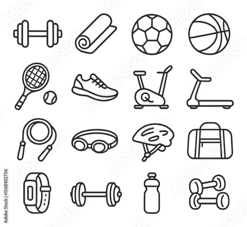 Fitness icon collection, workout and exercise symbols. gym and training equipment set