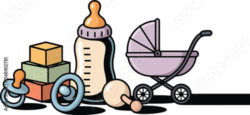 A cartoon illustration of baby items including a bottle blocks and a stroller