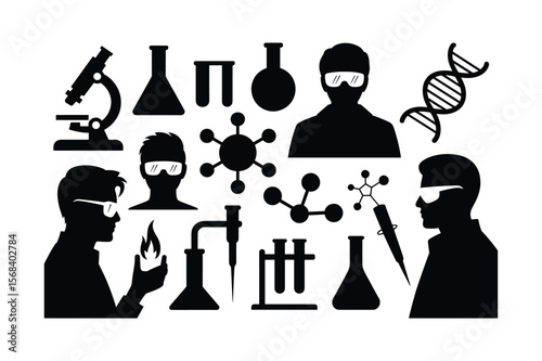 Scientists and laboratory equipment silhouettes microscope beaker