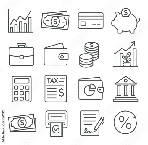 Finance and budgeting collection, money management icons. simple economy symbol set