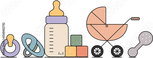 A simple illustration of baby items including a bottle and a baby stroller