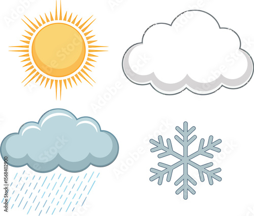 A graphic showing sun cloud rain and snowflake on a light gray background plain