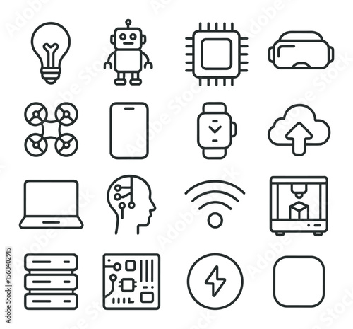 Technology icons collection, digital symbols for devices. gadgets and tech essentials set