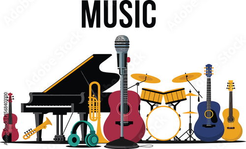 A colorful illustration of various musical instruments on a white background