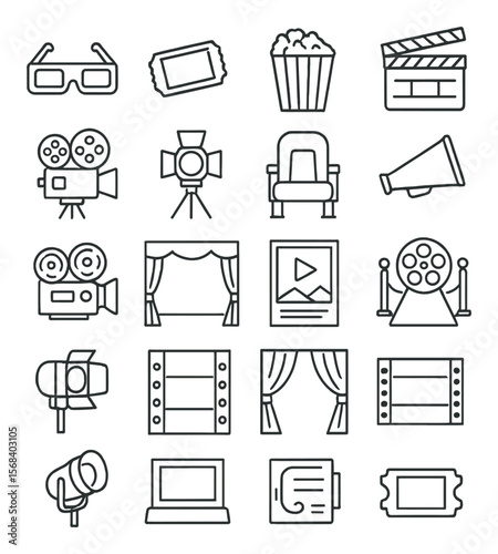 Cinema essentials collection, filmmaking icons set. movie and theater design symbols