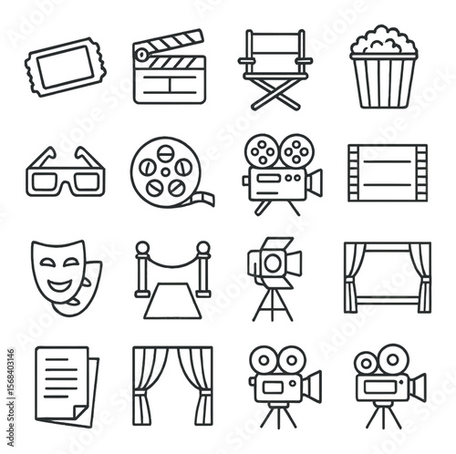 Cinema icons collection, film industry symbols. movie and entertainment designs set