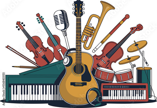 Illustration of various musical instruments including guitar and violins drums