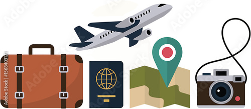 Illustration of travel items including suitcase plane passport and camera icon