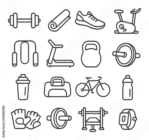Fitness equipment icon collection for gym and exercise designs. workout and training symbols
