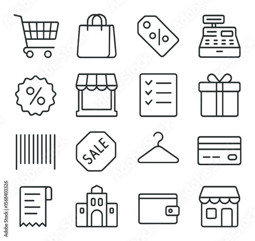 Shopping mall icons collection, retail design elements. commercial and store symbols set