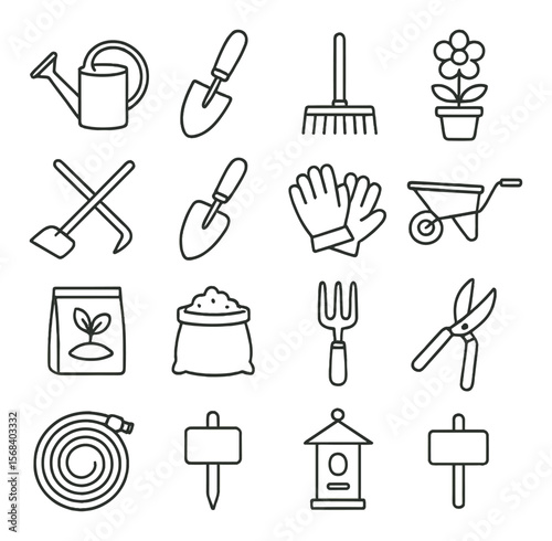 Garden tool collection, gardening equipment set. essential tools for landscaping