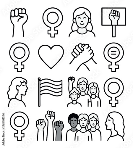 Women empowerment collection, female strength and gender equality icon set