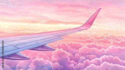 Soaring through pink clouds airplane wing view sky digital artwork tranquil environment aerial perspective dreamy concept