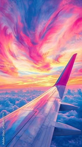 Breathtaking sunset view from airplane wing above fluffy clouds sky digital art serene atmosphere aerial perspective