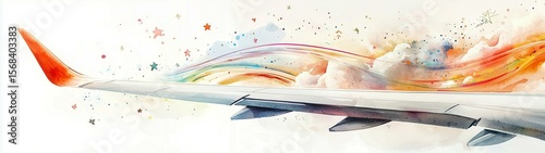 Airplane wing artistry above the clouds digital illustration dreamy environment aerial view imagination unleashed
