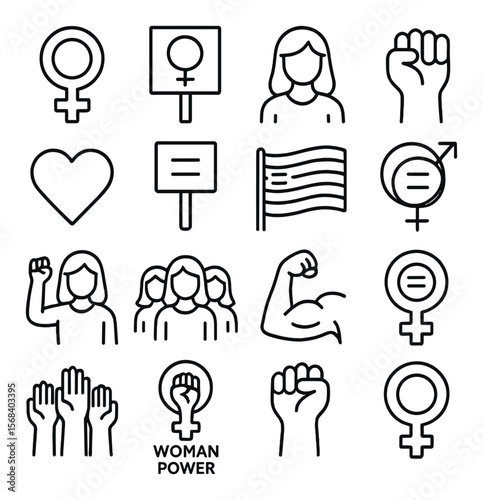 Feminism icons collection, empowering gender equality symbols. women's rights advocacy set