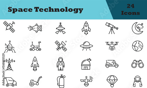 Space Technology Outline Line Icon Set
