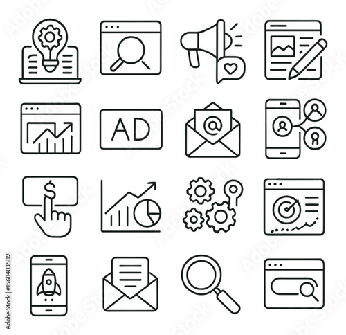 Digital marketing icon collection, online advertising and promotion symbols set