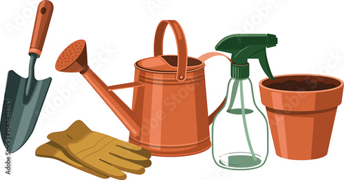 Illustration of gardening tools including a trowel, can, sprayer, and pot