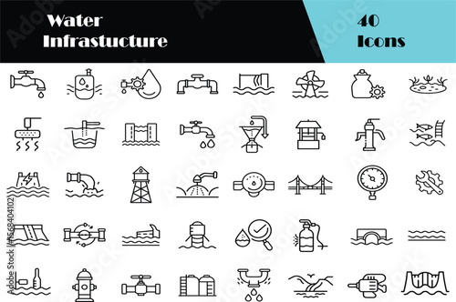Water Infrastructure Outline Line Icon Set