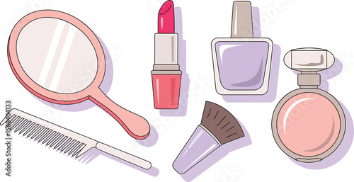Illustration of beauty products including mirror lipstick and nail polish bottle