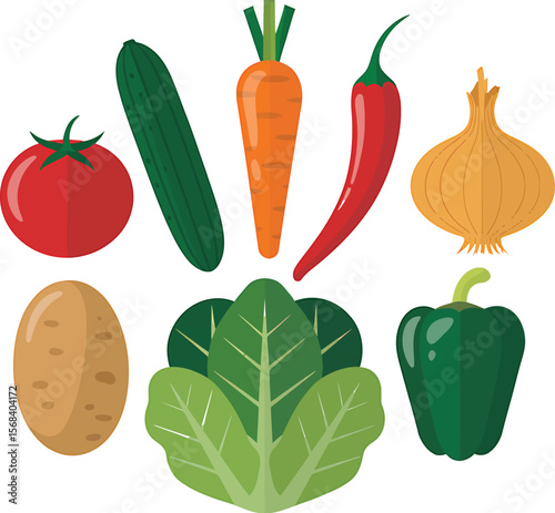 Flat lay of various vegetables including tomato cucumber and bell pepper onion