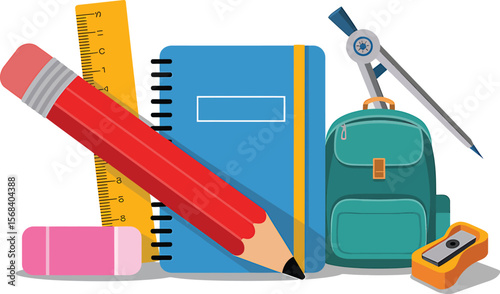 Illustration of school supplies including pencil notebook and backpack on white