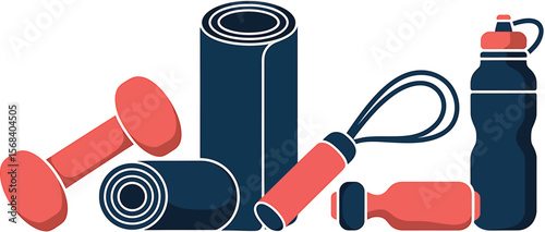Flat lay of dumbbell yoga mat jump rope and water bottle on a white background