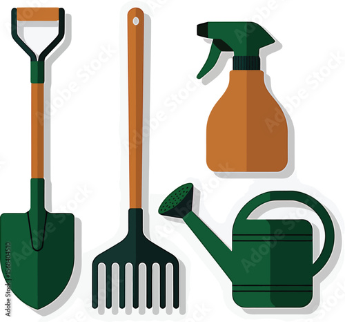 A flat illustration of gardening tools including a shovel a rake and spray bottle