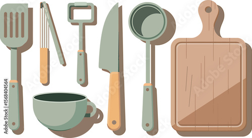 Illustration of kitchen utensils including spatula knife and cutting board set up