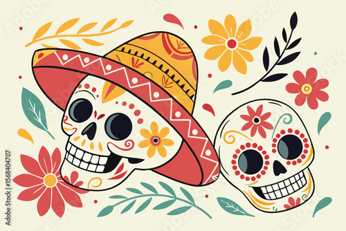 colorful, vibrant, mexican folk art, day of the dead, sugar skulls, floral patterns, bright colors, intricate design, traditional mexican art, decorative elements, digital art, vector illustration