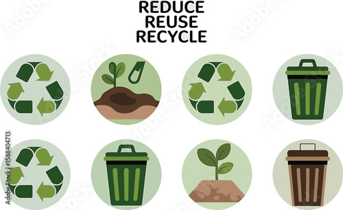 Illustration showing reduce reuse recycle concept with icons of plants and recycle bins