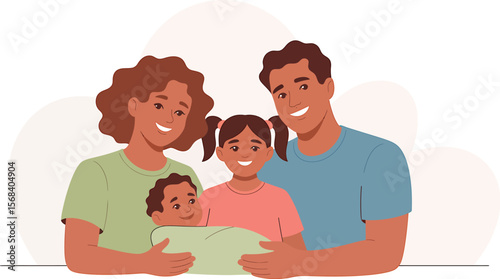 Illustration of a happy family with two children and parents smiling together