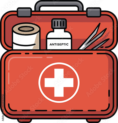 A red first aid kit with medical supplies inside on a light gray background art