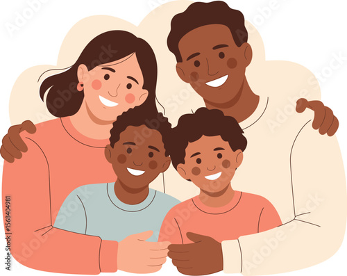 Illustration of an interracial family with two sons embracing and smiling