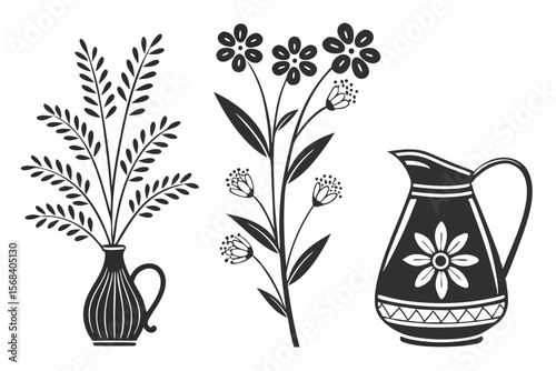 29 vase, pitcher, pot,flower,floral,botanic,flora,plant,nature,icon,symbol,silhouette,minimalist,black and white,vector