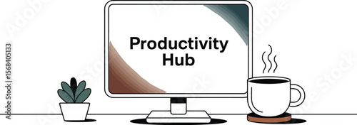 Illustrated desk scene with computer screen displaying productivity hub text