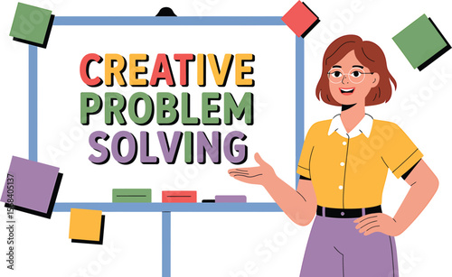 Woman presents creative problem solving on whiteboard with colorful decorations