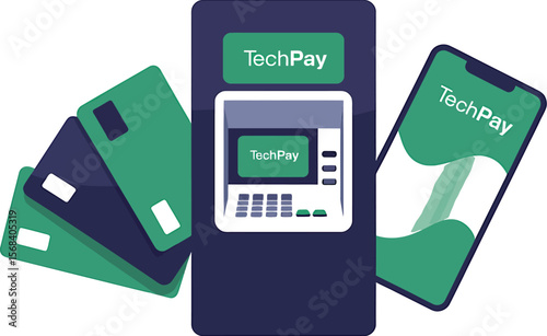 Illustration showing atm machine credit cards and a phone with techpay logo