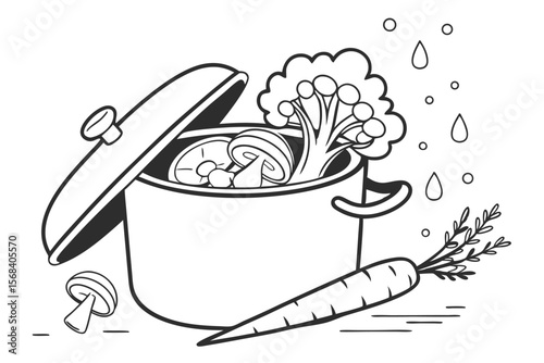 black and white vector illustration, cooking pot, vegetables, carrots, broccoli, mushrooms, droplets, minimalist, line art