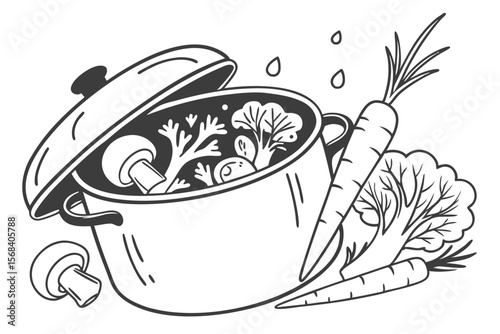 black and white vector illustration, cooking pot, vegetables, carrots, broccoli, mushrooms, droplets, minimalist, line art