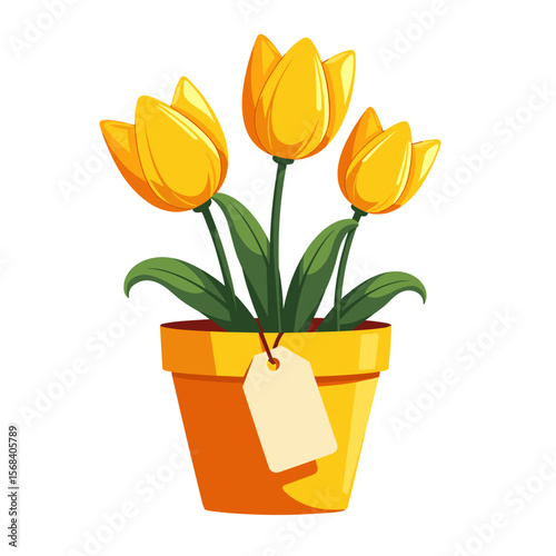 Yellow tulips in a flower pot with tag on a transparent background  