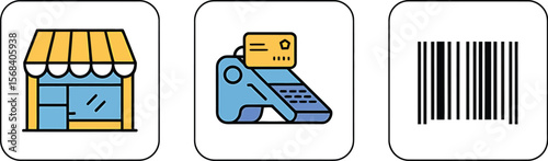 Three icons depicting a store front a card reader and a barcode on a white background