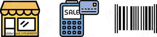 Illustration showing store front pos terminal and barcode on a white background
