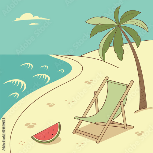 Beach scene with palm tree chaise lounge and watermelon slice
