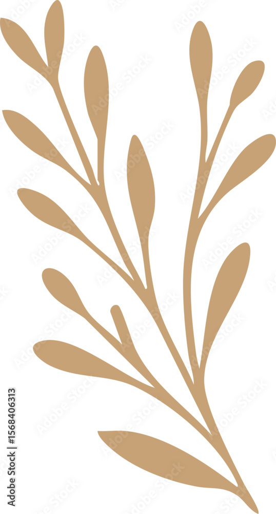 Naklejka premium A minimalistic illustration of a golden-brown botanical branch with elongated leaves on a white background.