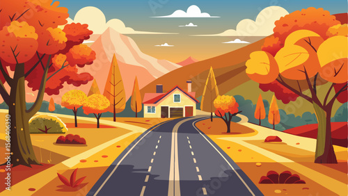 Autumn Road Leading to a House Amidst Colorful Trees and Distant Mountains