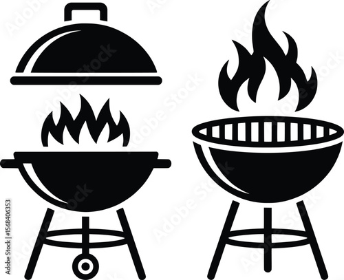Grill BBQ Icon Set, Flaming Barbecue Grill Silhouettes Vector Design.

