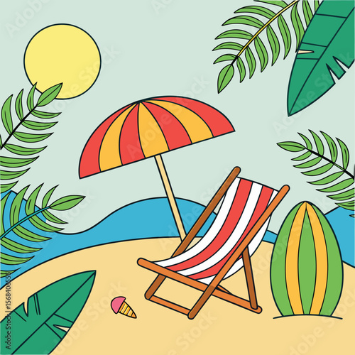 Beach scene with sun umbrella deck chair and surfboard illustration